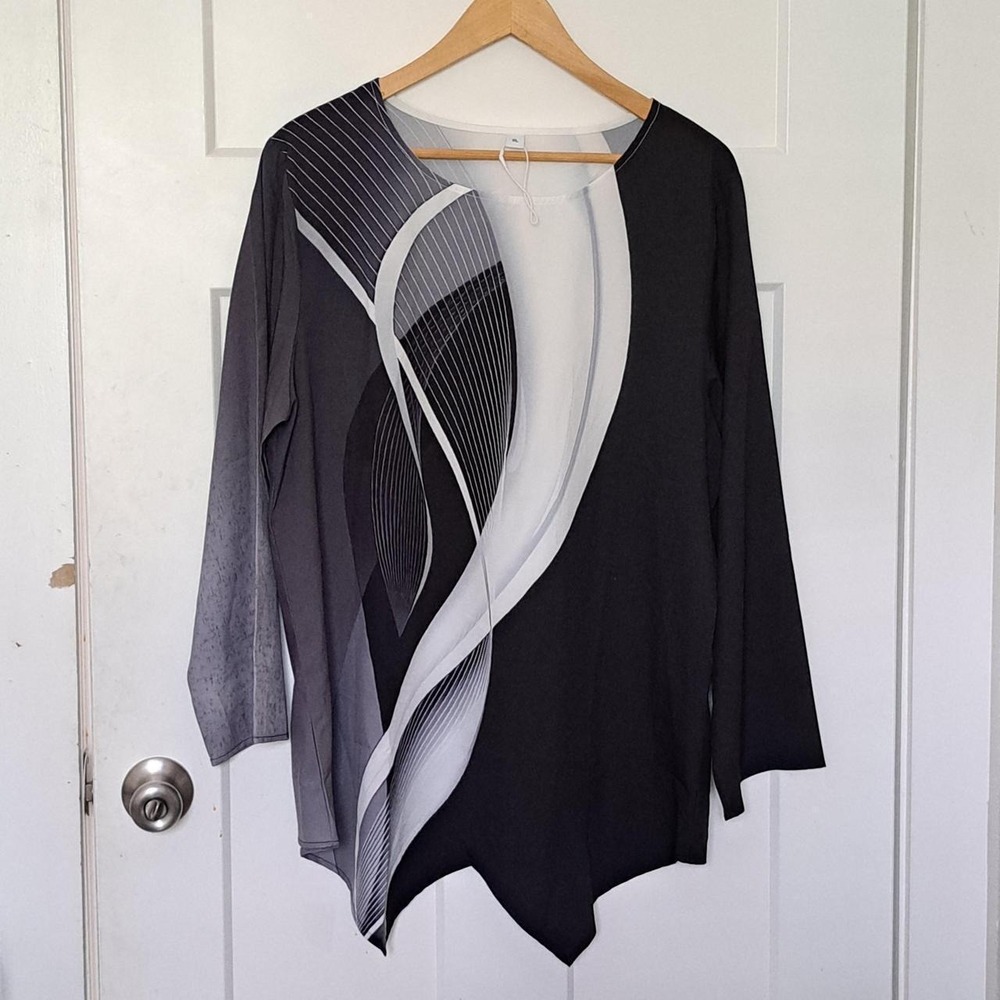 Womens Abstract Geometric Print Long Sleeve Tunic Black White Sharkbite Hem XL